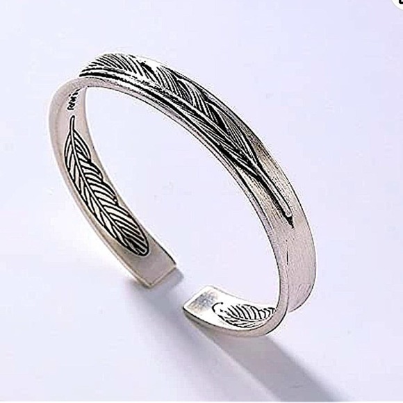 Sterling Silver Feather Cuff Bangle Bracelet - Picture 2 of 3